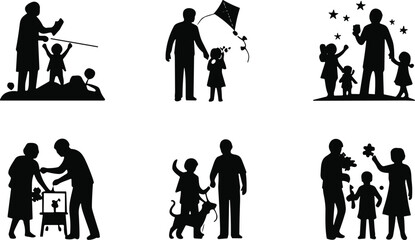 Silhouettes of family bonding activities, parents with children, outdoor fun, flying kite, playing, learning, parenting love, walking, joy