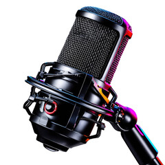 Professional microphone for audio recording and broadcasting in vibrant studio setting with modern design elements