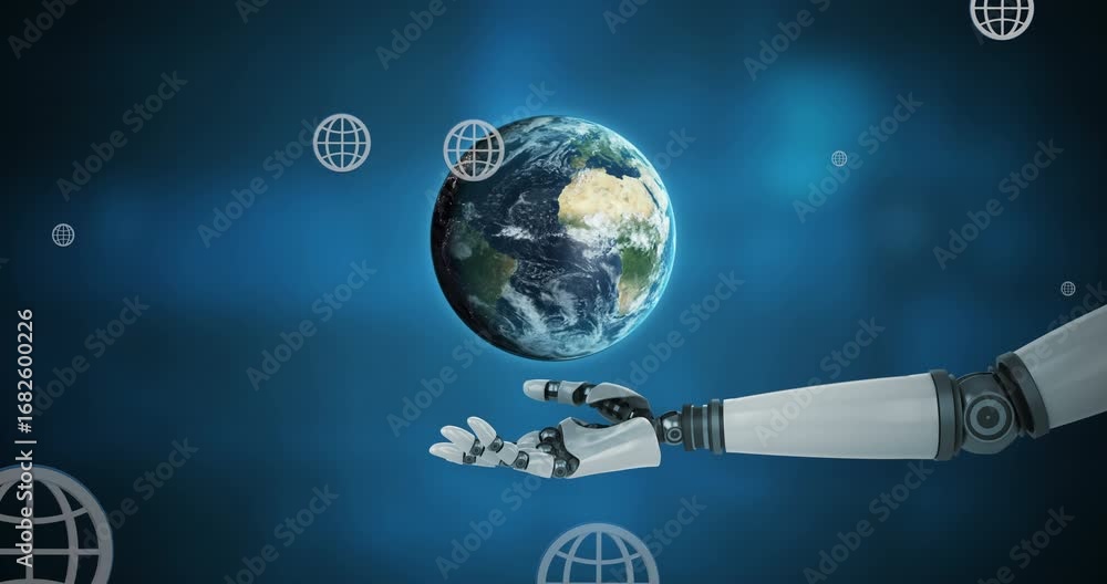 Poster animation of globes over globe and arm of robot