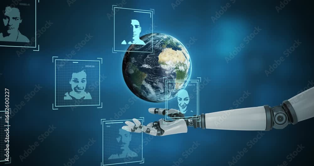 Poster animation of user photos over globe and arm of robot