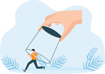 Business arrest. Crime and escape, financial banking fraud, non-payment of taxes, huge hand catches fleeing businessman in glass, criminal punishment vector isolated justice concept
