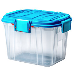 Clear Plastic Storage Container with Blue Lid and Fasteners for Organizing Household Goods and Supplies