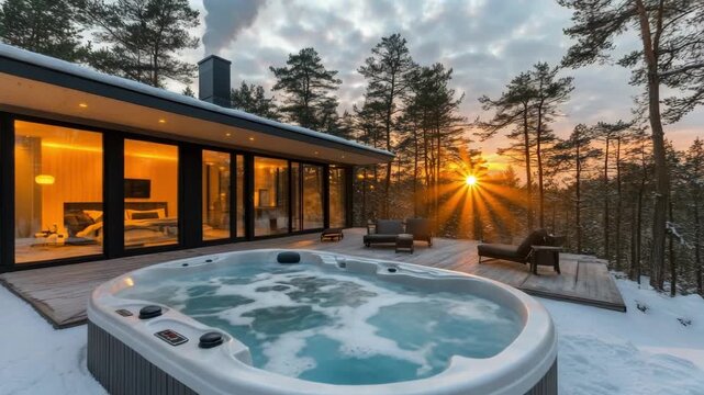 Modern cabin with hot tub on snowy deck at sunset
