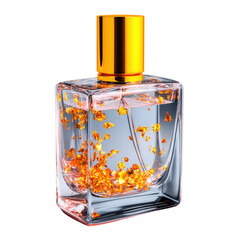 Elegant perfume bottle with gold flakes inside showcasing luxury and beauty in a stylish design