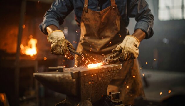 Fiery Craftsmanship: A Blacksmith Forging Glowing Metal on an Anvil with Sparks