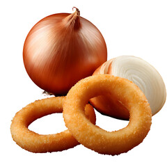 Golden fried onion rings and raw onion bulbs against a stark black backdrop