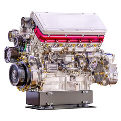 Detailed View of High-Performance Automotive Engine with Polished Aluminum and Red Accents