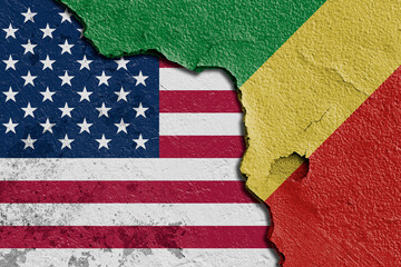 Obraz premium Torn Flags of United State Of America (USA) and Republic of Congo Depicting Political and Cultural Tension. Split Design of Congo Republic and United State Of America (USA) Flags on Textured Surface.