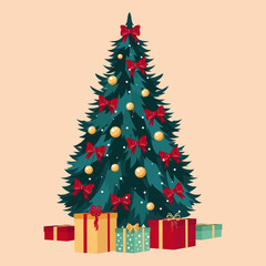 Christmas tree illustration. Christmas tree decorated with garlands, balls and bows. Christmas gifts under the tree. Vector.