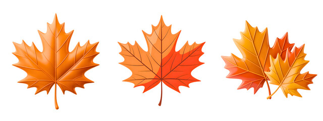 Fototapeta premium Plastic 3D Autumn leaves set of 3 on transparent background.