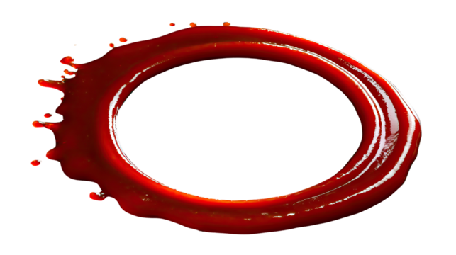 Oval-shaped, vibrant red liquid ring, dripping, and textured