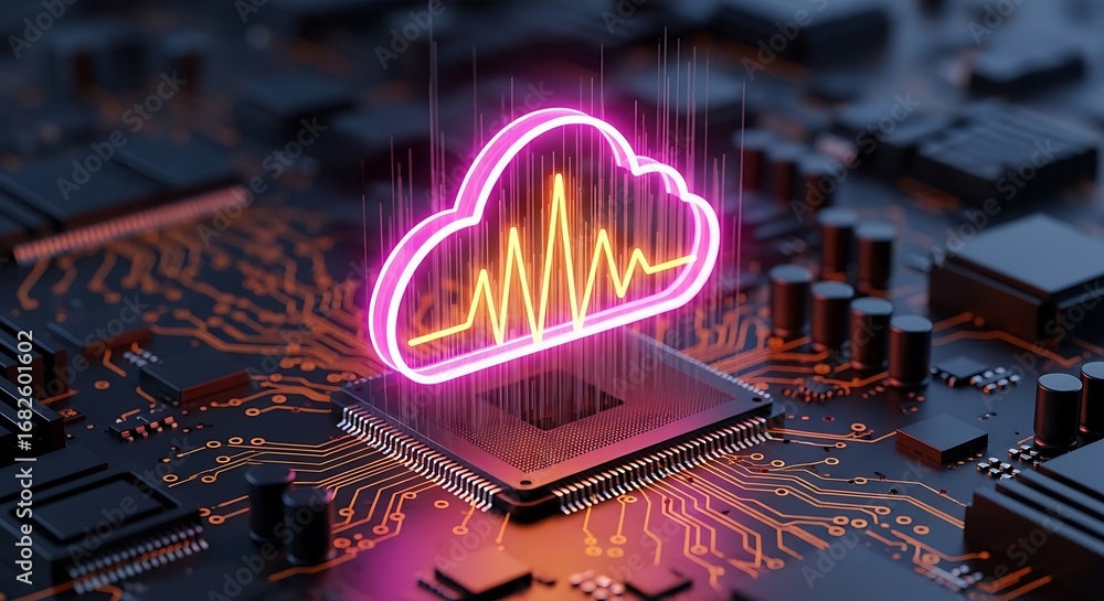 Aufkleber cloud computing symbol with heartbeat line on a computer chip, representing digital health and techn