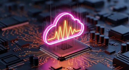 Cloud computing symbol with heartbeat line on a computer chip, representing digital health and technology