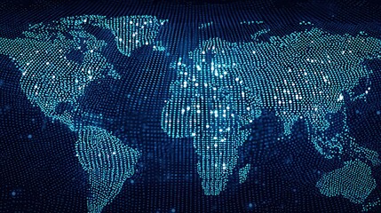 Digital World Map with Bright Dots on Blue Background Display