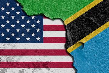 Torn Flags of United State Of America (USA) and Tanzania Depicting Political and Cultural Tension. Split Design of Tanzania and United State Of America (USA) Flags on Textured Surface.