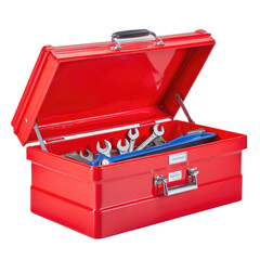 Red Metal Toolbox with Open Lid Displaying Assorted Hand Tools and Wrenches Inside for Home and Garage Use