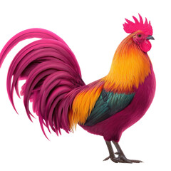 Colorful Vibrant Rooster with Plumed Feathers Displaying Bright Shades of Red, Pink, and Yellow in a Farm Setting