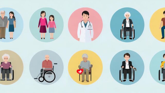 A group of people in different age groups and professions. One of the people is a doctor. Flat infographic icon set of healthcare, family, elderly, disabled symbols, medicaid minimal neutral design
