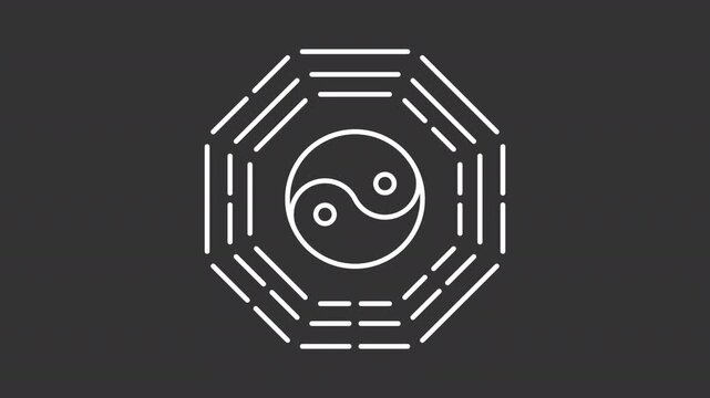 Animated bagua mirror white line icon. Transform negative chi into positive animation. Taoism religion traditions. Chinese culture. Isolated element on dark background. Alpha transparent video