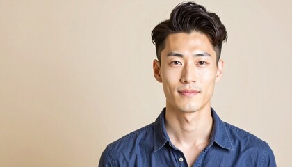 ウェイストアップで撮影された若い日本人男性のポートレートです。
髪型はアップバング、ネイビーシャツを着用し、信頼感と親しみやすさを兼ね備えた表情。
