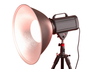 Black Studio Light with Large Reflector on Tripod, Side View PNG