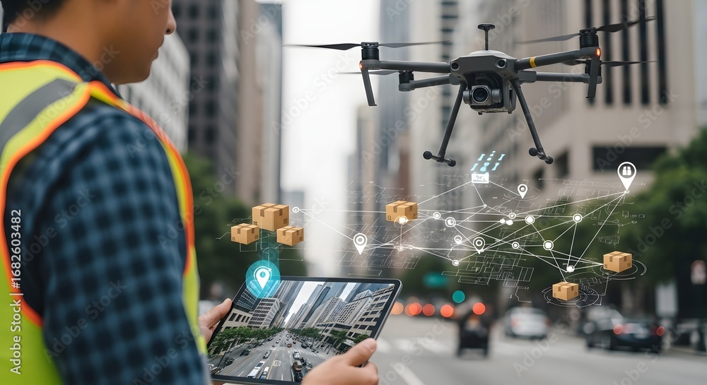 Poster worker managing autonomous drone delivery network in a futuristic smart city using augmented reality