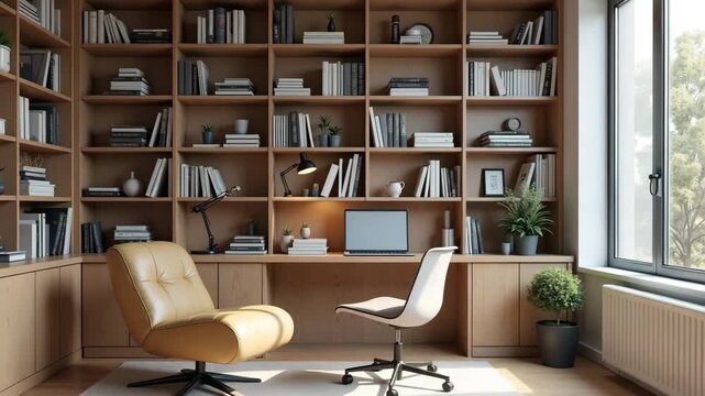 Showcasing cozy workplace, with wooden bookcase and comfortable armchairs by window. Cozy workplace includes laptop and desk lamp on desk, potted plant and rolling chair.