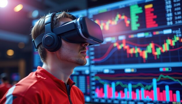 Man using VR headset with financial graphs in the background.