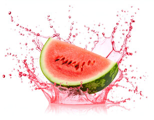 Fresh juicy watermelon slice creating a vibrant pink splash of liquid on an isolated white background