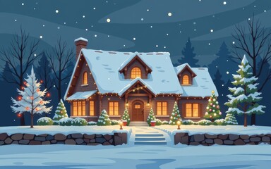 Cozy winter cabin surrounded by snow and pine trees under starry sky.