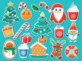 Festive Christmas Stickers with Cute Cartoon Characters and Holiday Elements on Blue Background