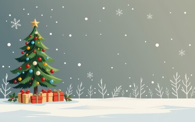 Obraz premium Festive illustration of a decorated Christmas tree with snow and presents.