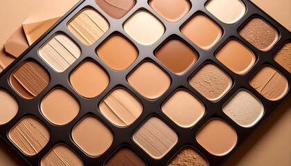 Fototapeta premium A close-up view of a makeup palette showcasing various shades of foundation creams.
