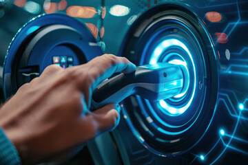 Power source for charging battery of beautiful hybrid electric car on road, abstract vivid composition consists of fictional unreal fantastic vision on background