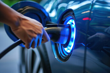 Power source for charging battery of beautiful hybrid electric car on road, abstract vivid composition consists of fictional unreal fantastic vision on background