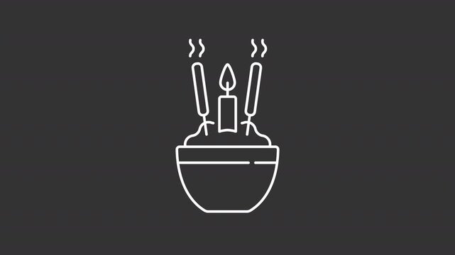 Animated incense spreading aroma white line icon. Burning chopsticks releasing scent in rice bowl animation. Chinese ceremonies and rituals Isolated element on dark background. Alpha transparent video