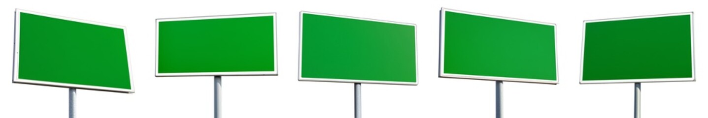 Five bright green road signs with silver edges are seen on transparent background