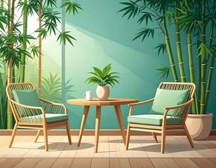 Fototapeta premium Serene patio scene with bamboo, wicker chairs, and a small table.