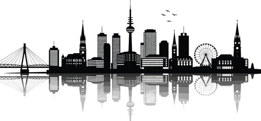 City skyline silhouette, urban building vector, modern architecture illustration, metropolitan landscape design, cityscape reflection graphic, black skyline art, city landmark symbol, downtown