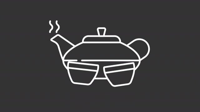 Animated Chinese tea set white line icon. Old traditions of hot drink serving animation. Beauty of China culture. Kettle and cups. Isolated element on dark background. Alpha transparent video