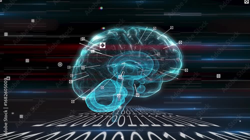 Aufkleber animation of data processing over digital brain