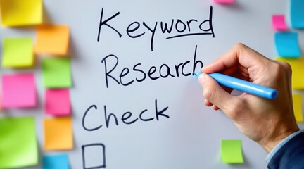 Team brainstorming session focusing on keyword research and strategy development with sticky notes and a checklist