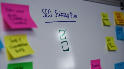 Close-up of a whiteboard checklist titled seo strategy with colorful sticky notes for planning and task management