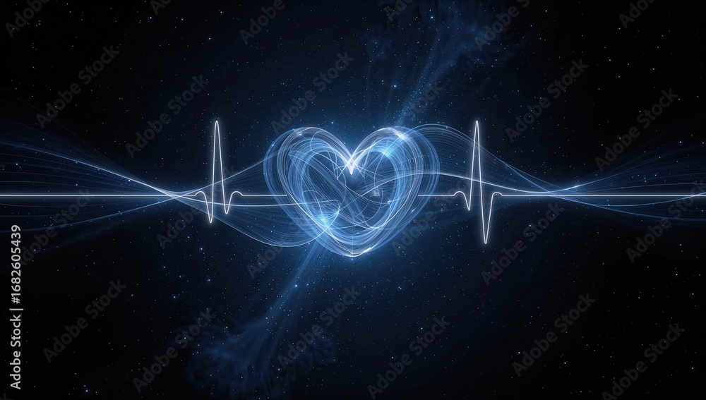 Poster abstract representation of a glowing heart shape formed by sparkling particles against a dark backgr