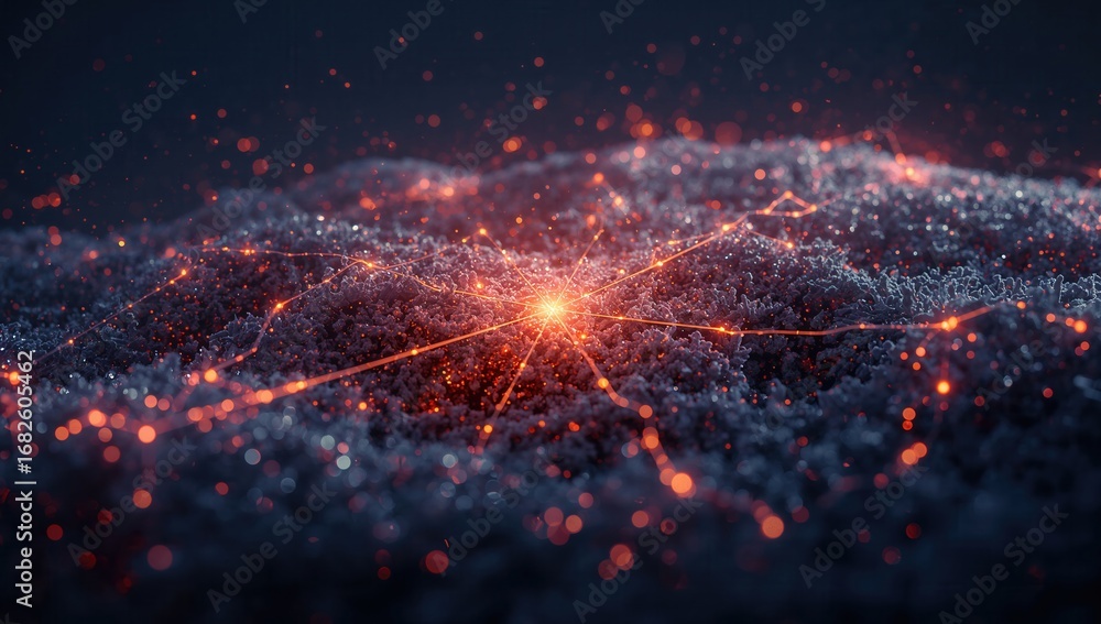 Poster Abstract representation of a glowing network of interconnected particles on a dark background