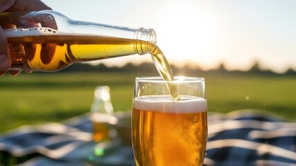A person pours golden beer from a bottle into a glass during a sunny outdoor picnic in a field. - Powered by Adobe