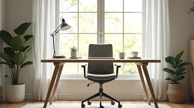 Cozy workplace setup with laptop and plants near window provides inspiration. Cozy workplace features minimal desk design and comfortable office chair, creating inviting atmosphere.