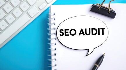 Seo audit in speech bubble discussed with keyboard and pen symbolizing online marketing and strategy planning