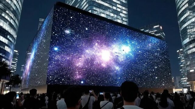 Crowd watching a large 3D digital billboard in a modern city at night