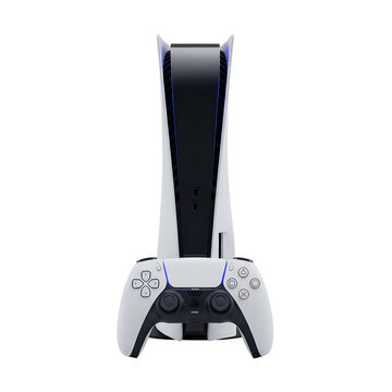 playstation 5 console with dualsense controller in front view, isolated 